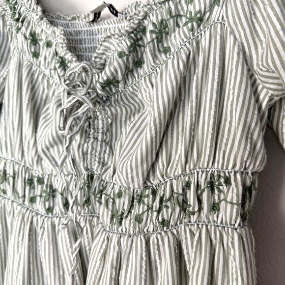 American Eagle Puff Sleeve Mini Dress Green Stripe Size Small Cottagecore Beach - Picture 5 of 11